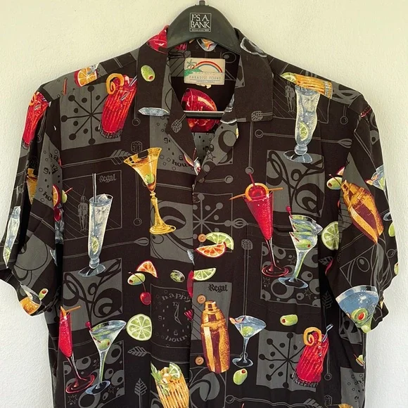 Vintage Paradise Found black happy hour cocktail Hawaiian shirt size medium - Picture 3 of 12